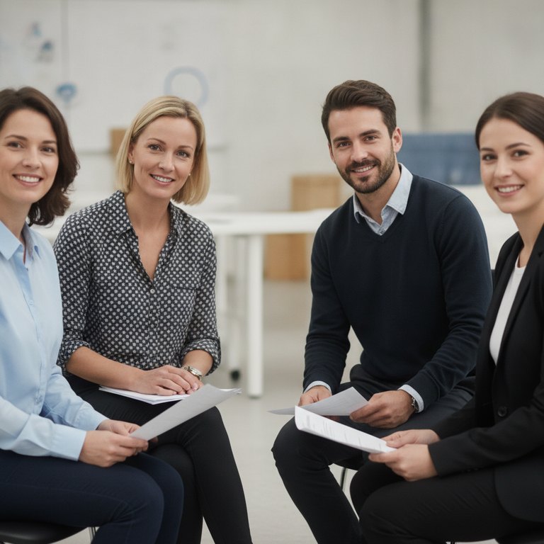 Un petit groupe d'adultes échange autour de documents dans une salle d'orientation professionnelle